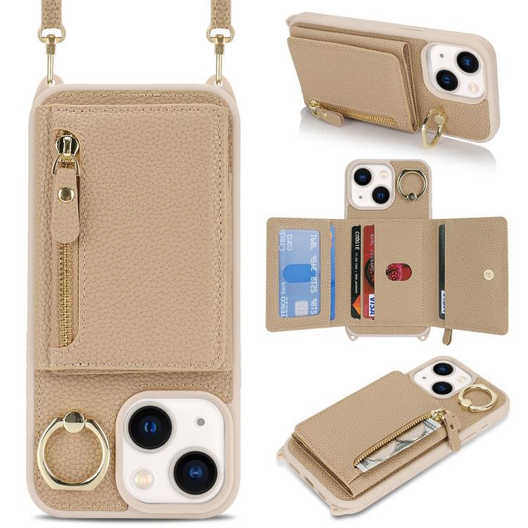 

For iPhone 13 mini Crossbody Zipper Wallet Ring Holder Litchi Leather Phone Case(Rose Gold)