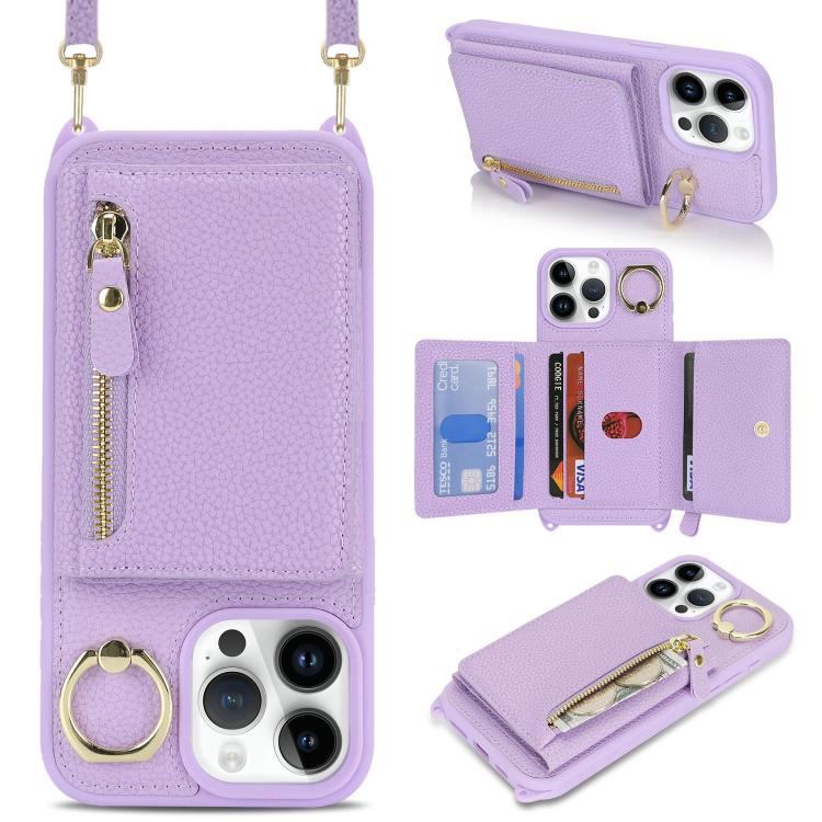 

For iPhone 13 Pro Crossbody Zipper Wallet Ring Holder Litchi Leather Phone Case(Purple)