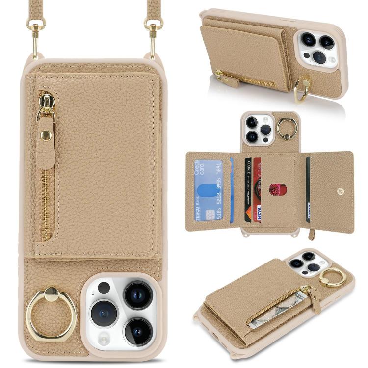 

For iPhone 14 Pro Crossbody Zipper Wallet Ring Holder Litchi Leather Phone Case(Rose Gold)