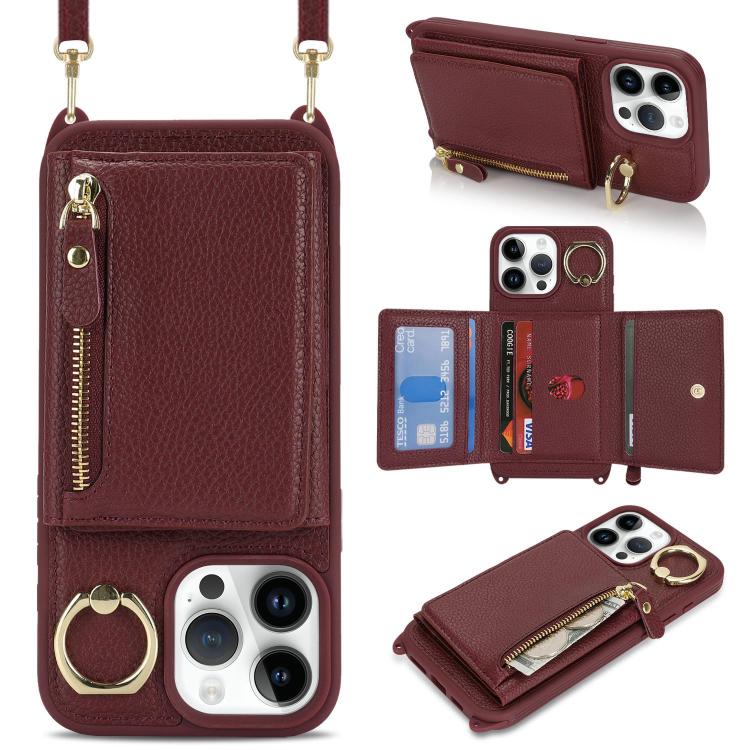 

For iPhone 14 Pro Max Crossbody Zipper Wallet Ring Holder Litchi Leather Phone Case(Red wine)