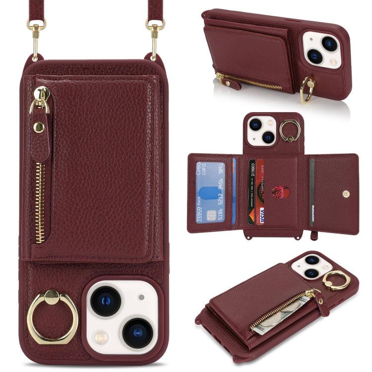 

For iPhone 15 Crossbody Zipper Wallet Ring Holder Litchi Leather Phone Case(Red wine)