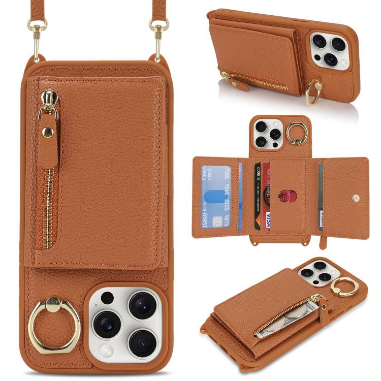 

For iPhone 15 Pro Max Crossbody Zipper Wallet Ring Holder Litchi Leather Phone Case(Brown)