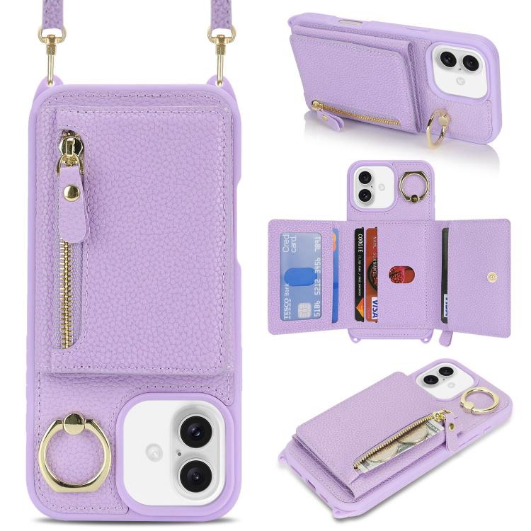 

For iPhone 16 Crossbody Zipper Wallet Ring Holder Litchi Leather Phone Case(Purple)