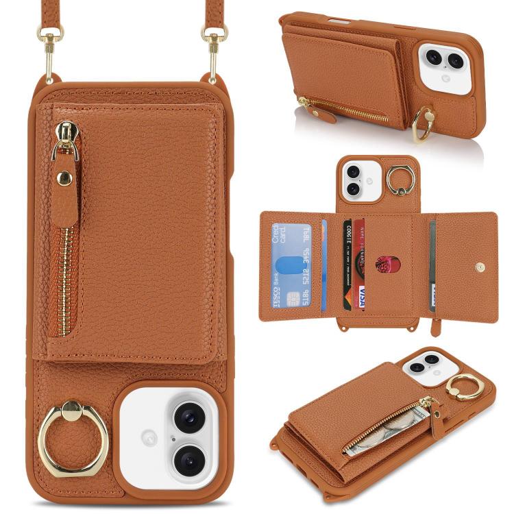 

For iPhone 16 Crossbody Zipper Wallet Ring Holder Litchi Leather Phone Case(Brown)