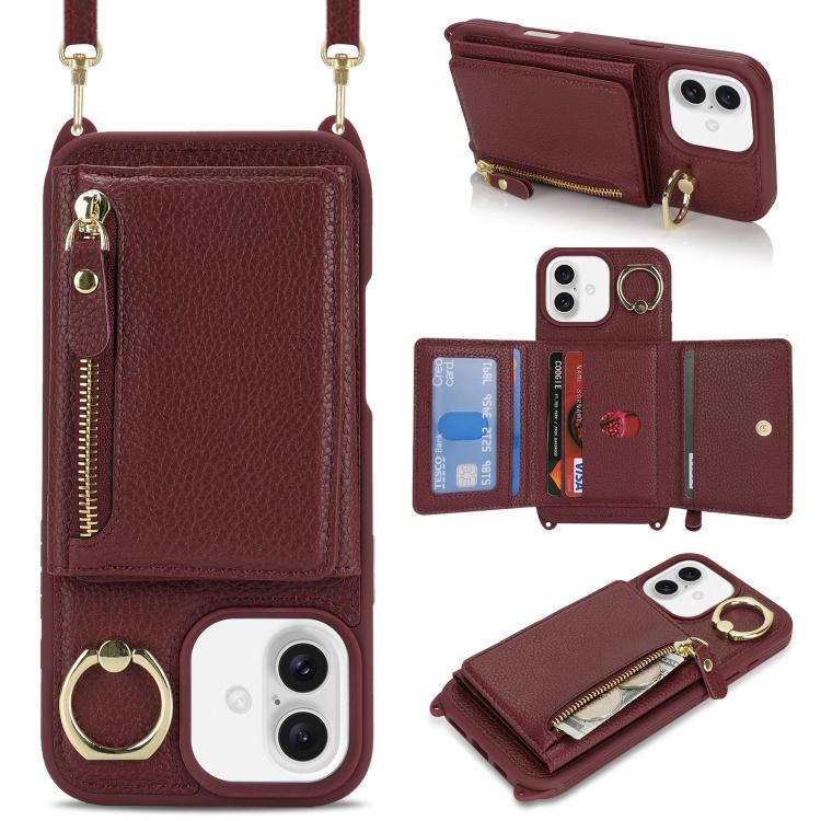 

For iPhone 16 Plus Crossbody Zipper Wallet Ring Holder Litchi Leather Phone Case(Red wine)