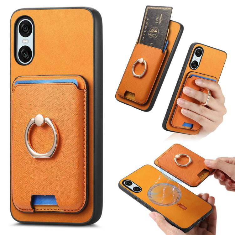 

For Sony Xperia 10 VI Retro Cross Leather Ring Vertical Insert Card Bag MagSafe Phone Case(Yellow)