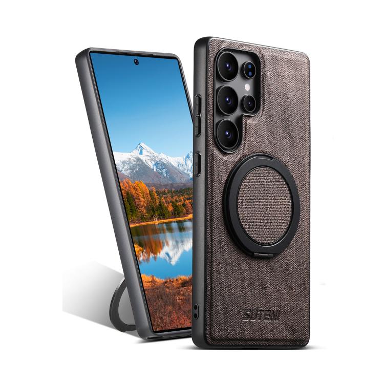 

For Samsung Galaxy S25 Ultra 5G Suteni G3 360 Rotation Holder MagSafe Denim Leather Back Phone Case(Brown)