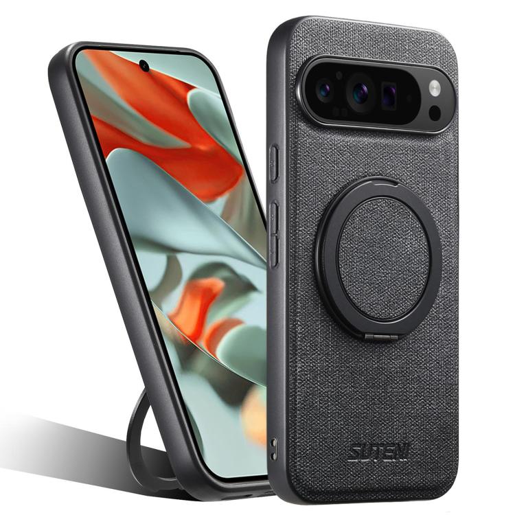 

For Google Pixel 9 Pro XL Suteni G3 360 Rotation Holder MagSafe Denim Leather Back Phone Case(Black)