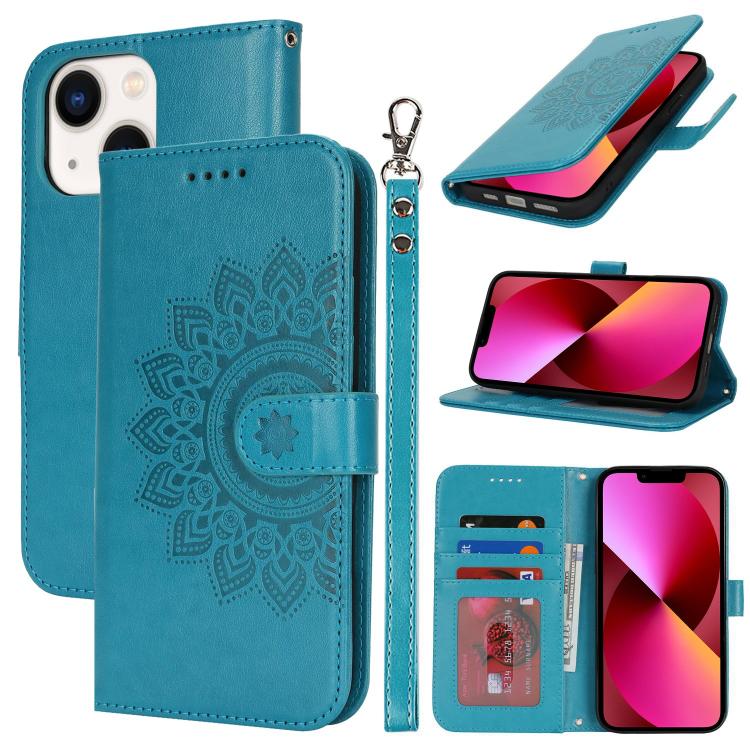 

For iPhone 13 mini Double Fold Printed Embossing Leather Phone Case(Blue)