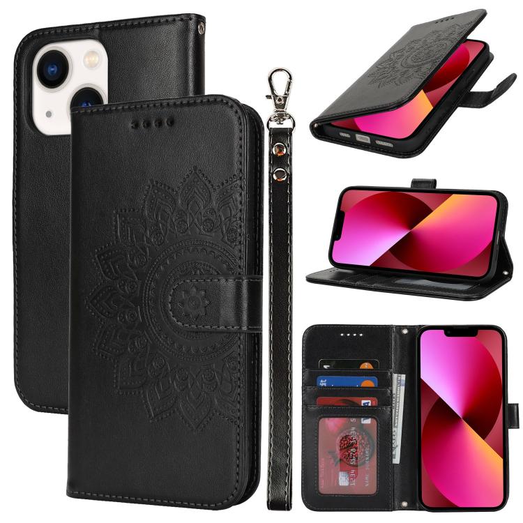 

For iPhone 13 Double Fold Printed Embossing Leather Phone Case(Black)