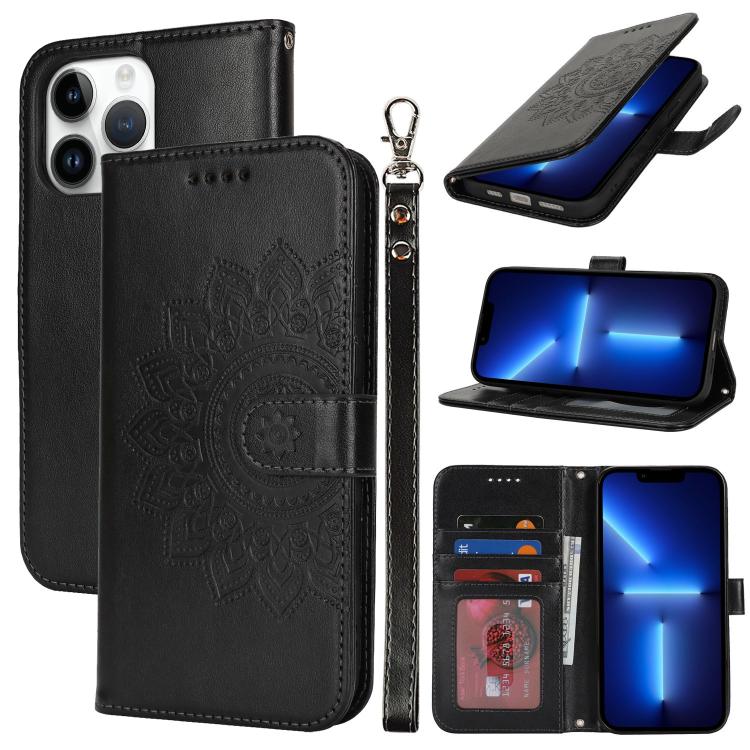 

For iPhone 13 Pro Double Fold Printed Embossing Leather Phone Case(Black)