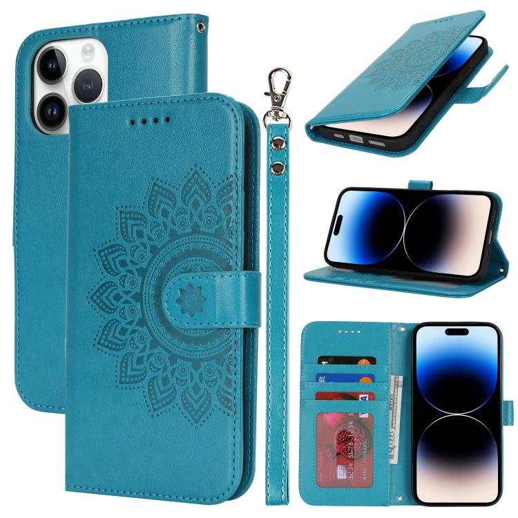 

For iPhone 14 Pro Double Fold Printed Embossing Leather Phone Case(Blue)