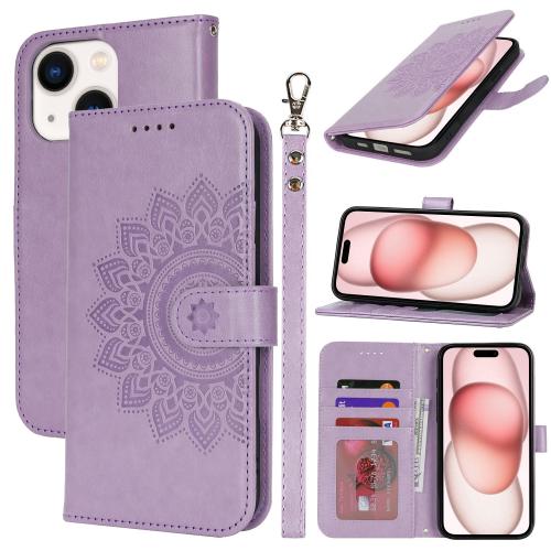 

For iPhone 15 Double Fold Printed Embossing Leather Phone Case(Purple)