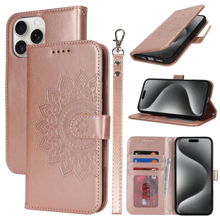 

For iPhone 15 Pro Double Fold Printed Embossing Leather Phone Case(Rose Gold)