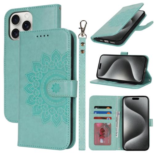 

For iPhone 15 Pro Max Double Fold Printed Embossing Leather Phone Case(Mint Green)