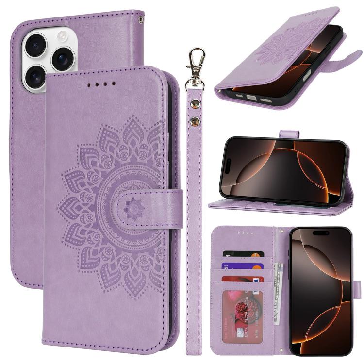 

For iPhone 16 Pro Double Fold Printed Embossing Leather Phone Case(Purple)