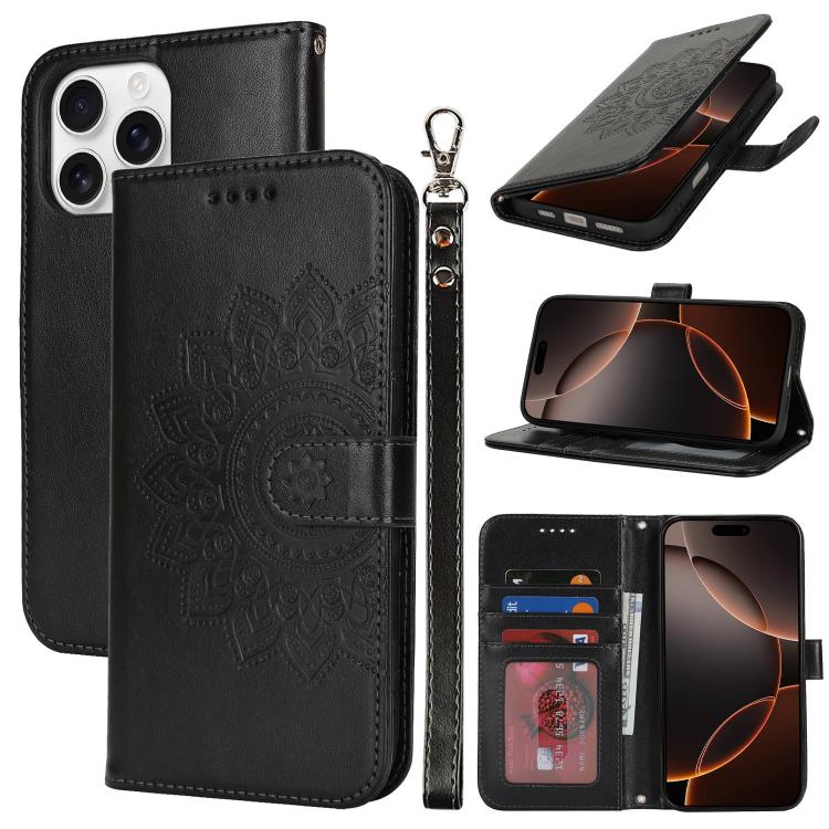 

For iPhone 16 Pro Max Double Fold Printed Embossing Leather Phone Case(Black)