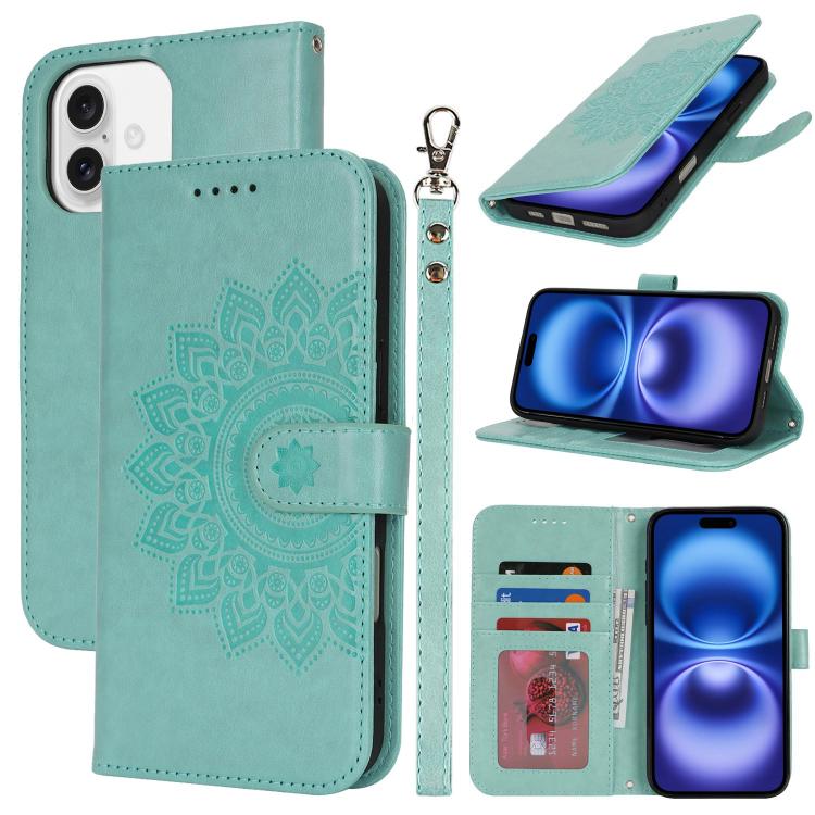 

For iPhone 16 Plus Double Fold Printed Embossing Leather Phone Case(Mint Green)