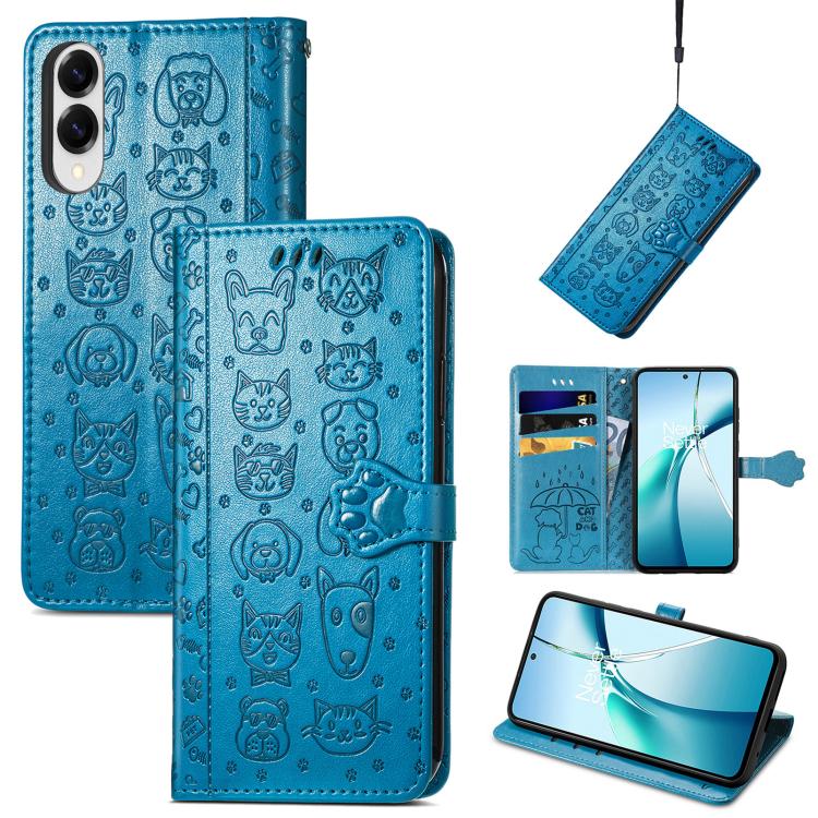 

For Samsung Galaxy S25 Edge 5G Cat and Dog Embossed Leather Phone Case(Blue)
