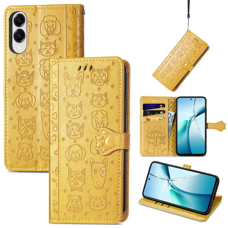 

For Samsung Galaxy S25 Edge 5G Cat and Dog Embossed Leather Phone Case(Yellow)