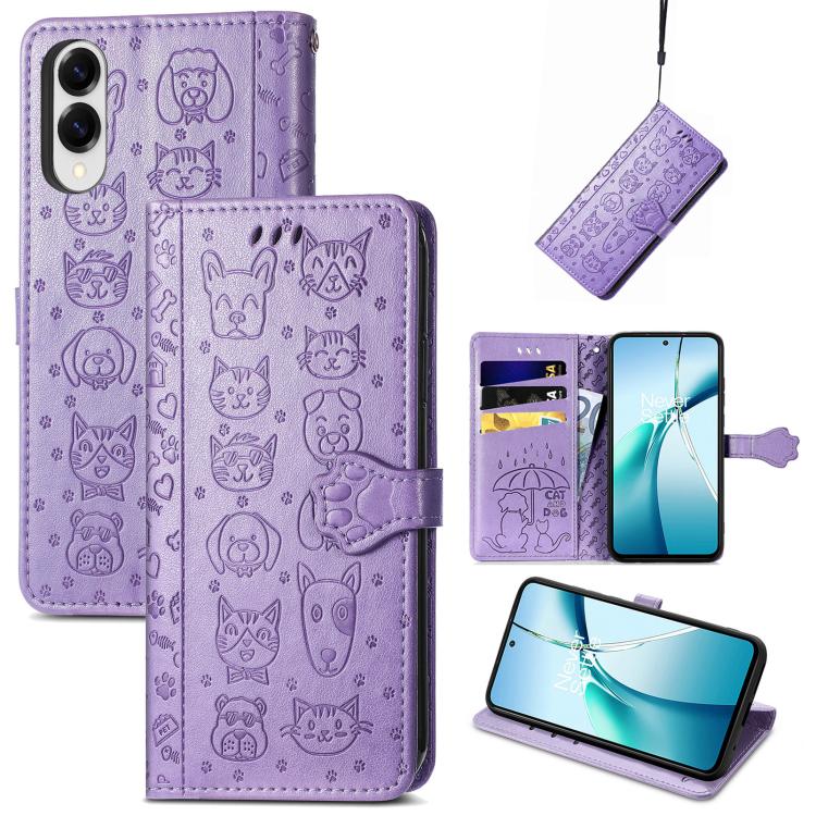 

For Samsung Galaxy S25 Edge 5G Cat and Dog Embossed Leather Phone Case(Purple)