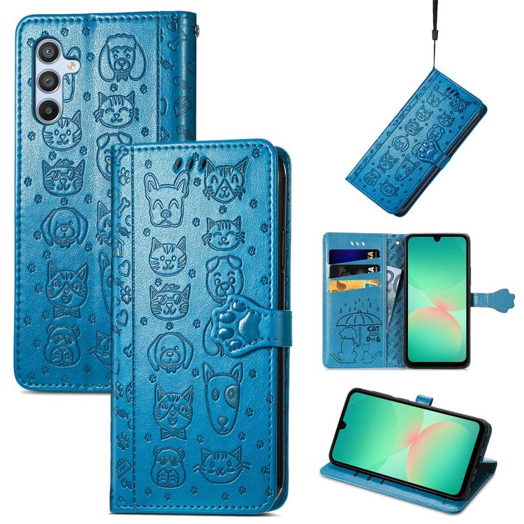 

For Samsung Galaxy A26 5G Cat and Dog Embossed Leather Phone Case(Blue)