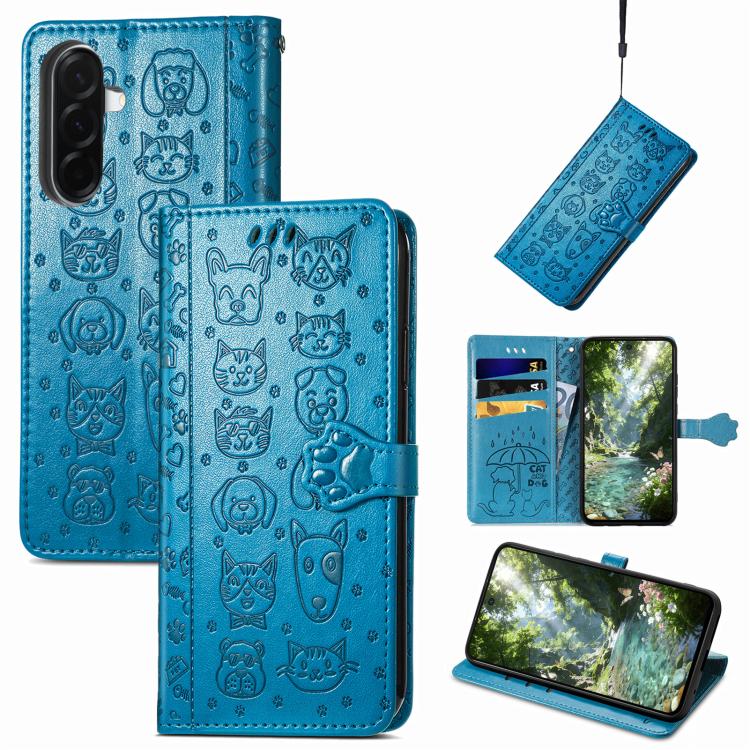 

For Samsung Galaxy A57 5G Cat and Dog Embossed Leather Phone Case(Blue)