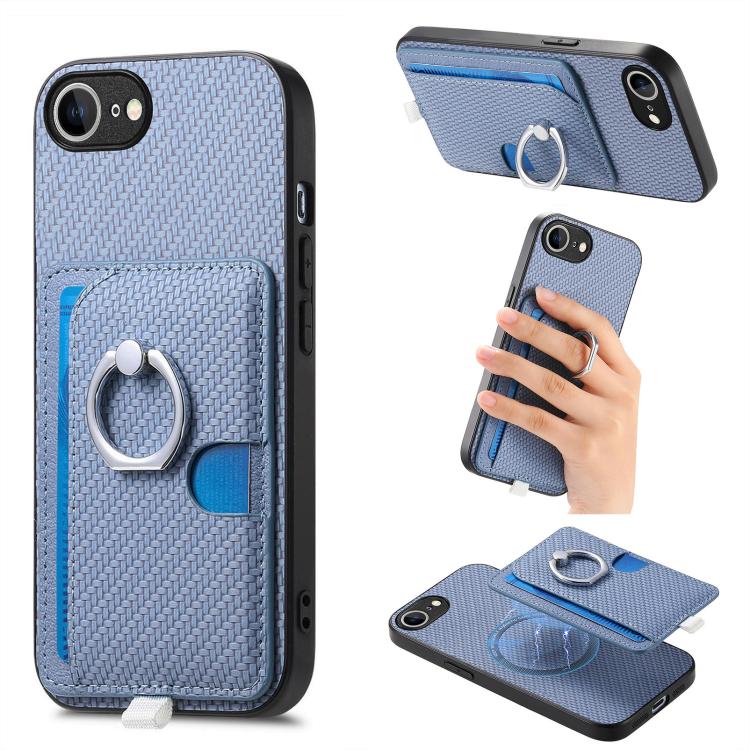 

For iPhone 16e Carbon Fiber Ring Side Insert Card Bag MagSafe Phone Case(Blue)