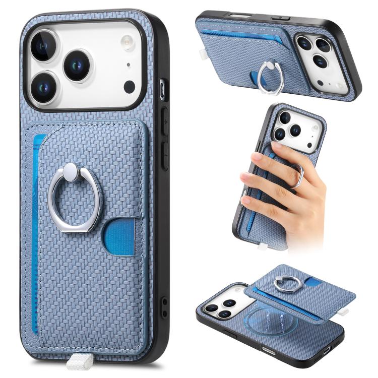 

For iPhone 17 Pro Max Carbon Fiber Ring Side Insert Card Bag MagSafe Phone Case(Blue)