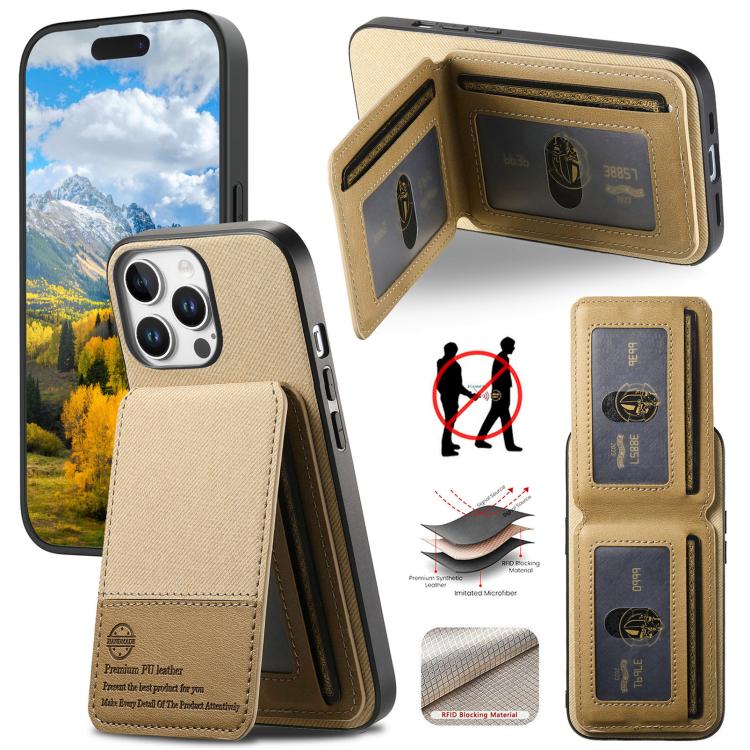 

For iPhone 16 Pro Twill Fabric Leather Vertical Flip RFID Card Bag Phone Case(Khaki)