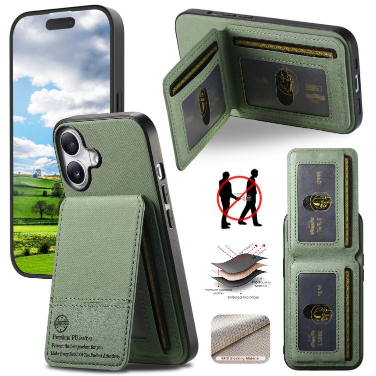

For iPhone 16 Twill Fabric Leather Vertical Flip RFID Card Bag Phone Case(Green)