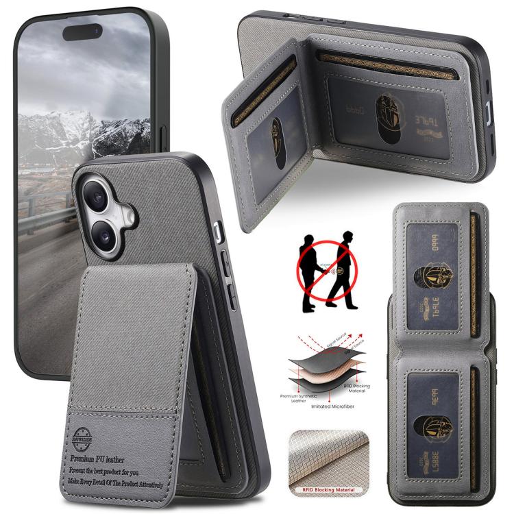 

For iPhone 16 Twill Fabric Leather Vertical Flip RFID Card Bag Phone Case(Gray)