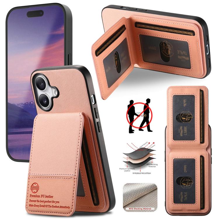 

For iPhone 16 Twill Fabric Leather Vertical Flip RFID Card Bag Phone Case(Pink)