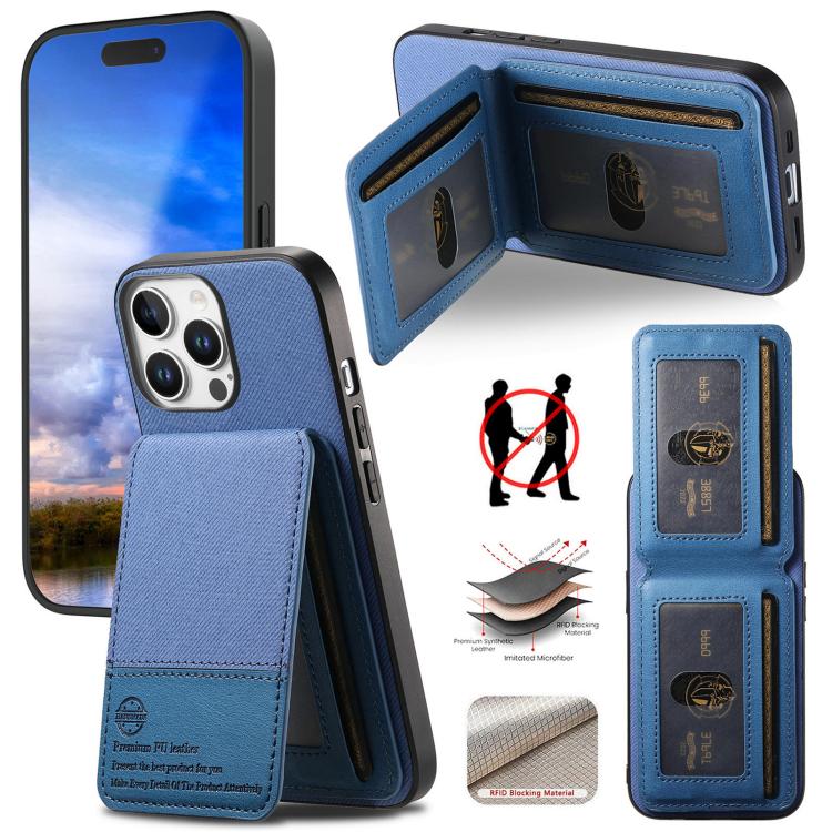 

For iPhone 15 Pro Twill Fabric Leather Vertical Flip RFID Card Bag Phone Case(Blue)