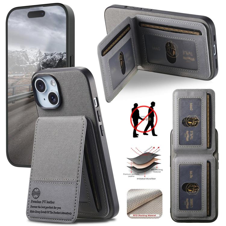 

For iPhone 15 Plus Twill Fabric Leather Vertical Flip RFID Card Bag Phone Case(Gray)