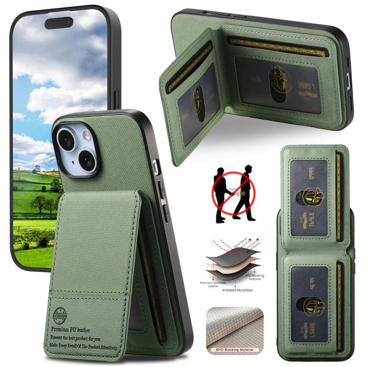 

For iPhone 15 Twill Fabric Leather Vertical Flip RFID Card Bag Phone Case(Green)