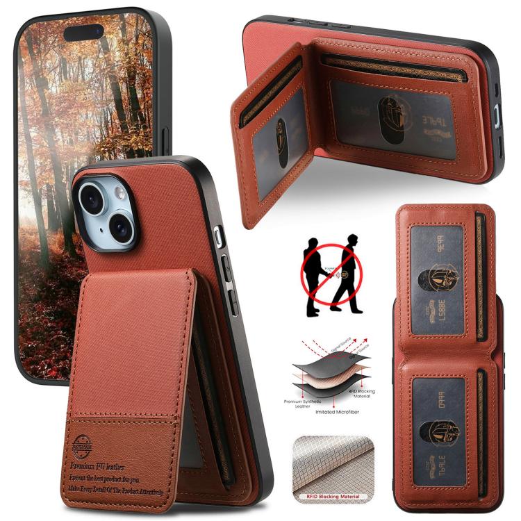 

For iPhone 14 Plus Twill Fabric Leather Vertical Flip RFID Card Bag Phone Case(Brown)
