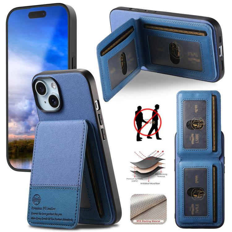 

For iPhone 14 Plus Twill Fabric Leather Vertical Flip RFID Card Bag Phone Case(Blue)