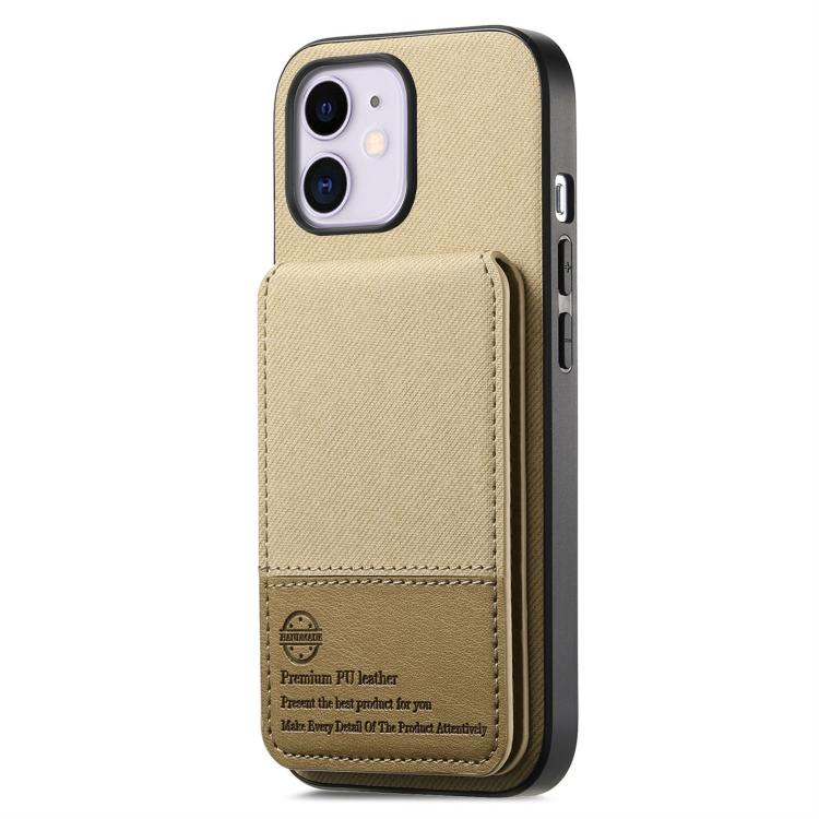 

For iPhone 11 Twill Fabric Leather Vertical Flip RFID Card Bag Phone Case(Khaki)