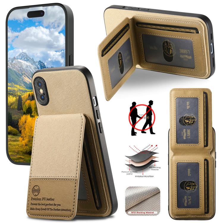 

For iPhone X / XS Twill Fabric Leather Vertical Flip RFID Card Bag Phone Case(Khaki)