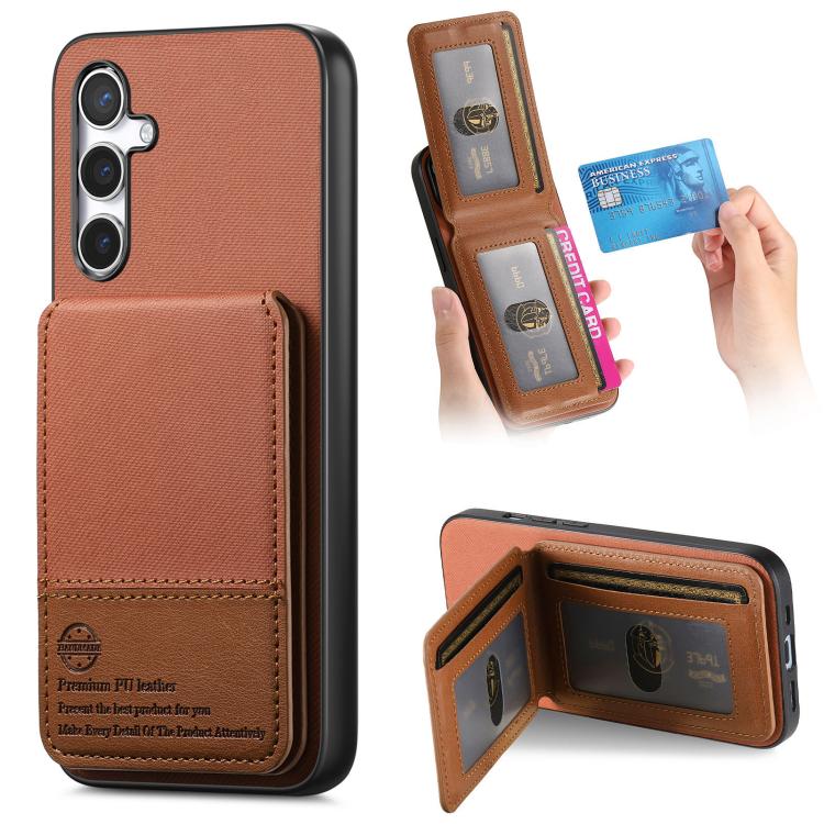 

For Samsung Galaxy S23 FE 5G Twill Fabric Leather Vertical Flip RFID Card Bag Phone Case(Brown)