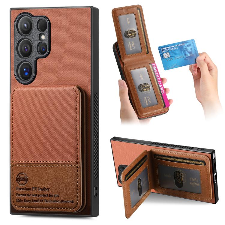 

For Samsung Galaxy S23 Ultra 5G Twill Fabric Leather Vertical Flip RFID Card Bag Phone Case(Brown)