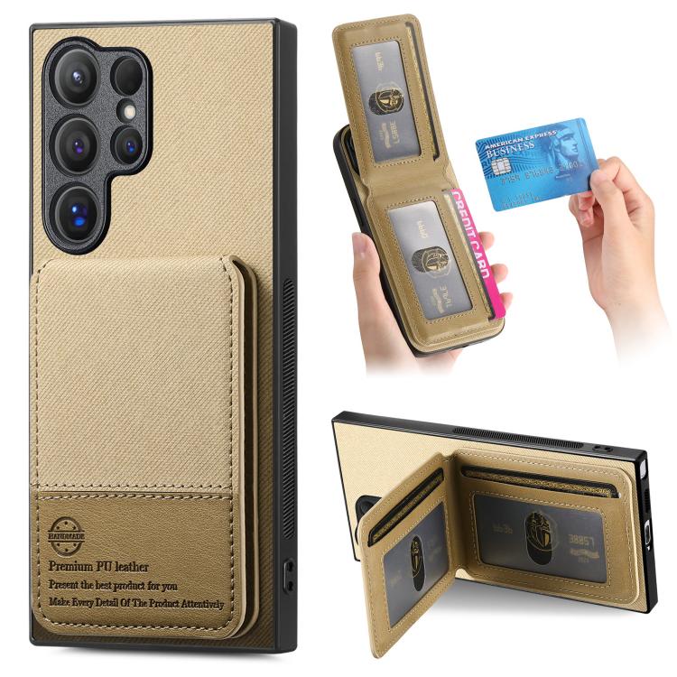 

For Samsung Galaxy S23 Ultra 5G Twill Fabric Leather Vertical Flip RFID Card Bag Phone Case(Khaki)