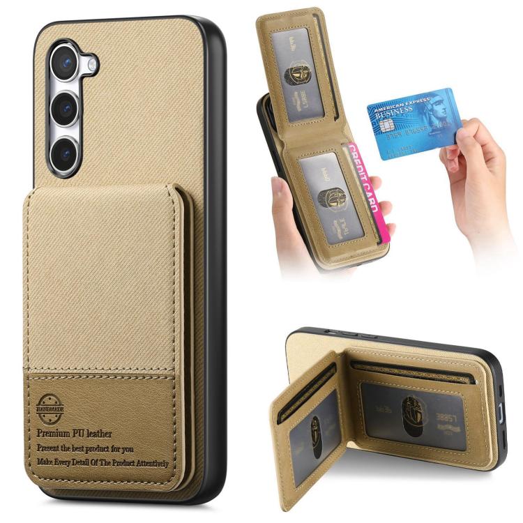 

For Samsung Galaxy S23+ 5G Twill Fabric Leather Vertical Flip RFID Card Bag Phone Case(Khaki)