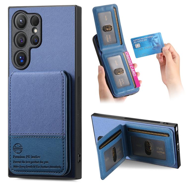 

For Samsung Galaxy S22 Ultra 5G Twill Fabric Leather Vertical Flip RFID Card Bag Phone Case(Blue)