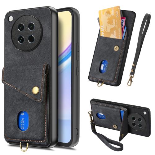 

For OPPO Find X8s Retro Card Wallet Fold Leather Phone Case with Strap(Black)