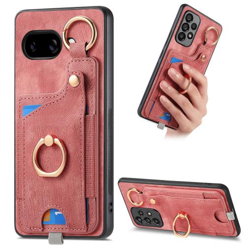 

For Google Pixel 9a Retro Skin-feel Ring Card Bag Phone Case with Hang Loop(Pink)