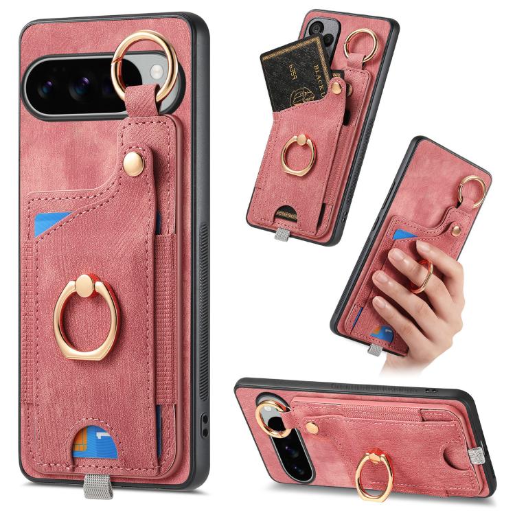 

For Google Pixel 10 Pro XL Retro Skin-feel Ring Card Bag Phone Case with Hang Loop(Pink)