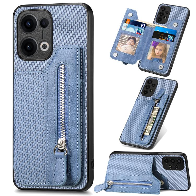 

For OPPO Reno13 Carbon Fiber Horizontal Flip Zipper Wallet Phone Case(Blue)