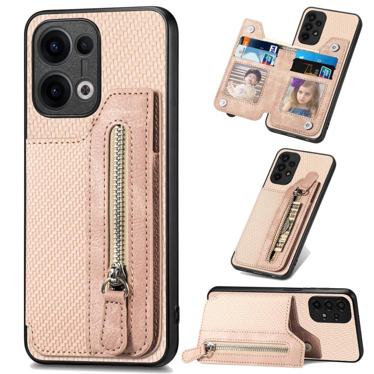 

For OPPO Reno13 Carbon Fiber Horizontal Flip Zipper Wallet Phone Case(Khaki)
